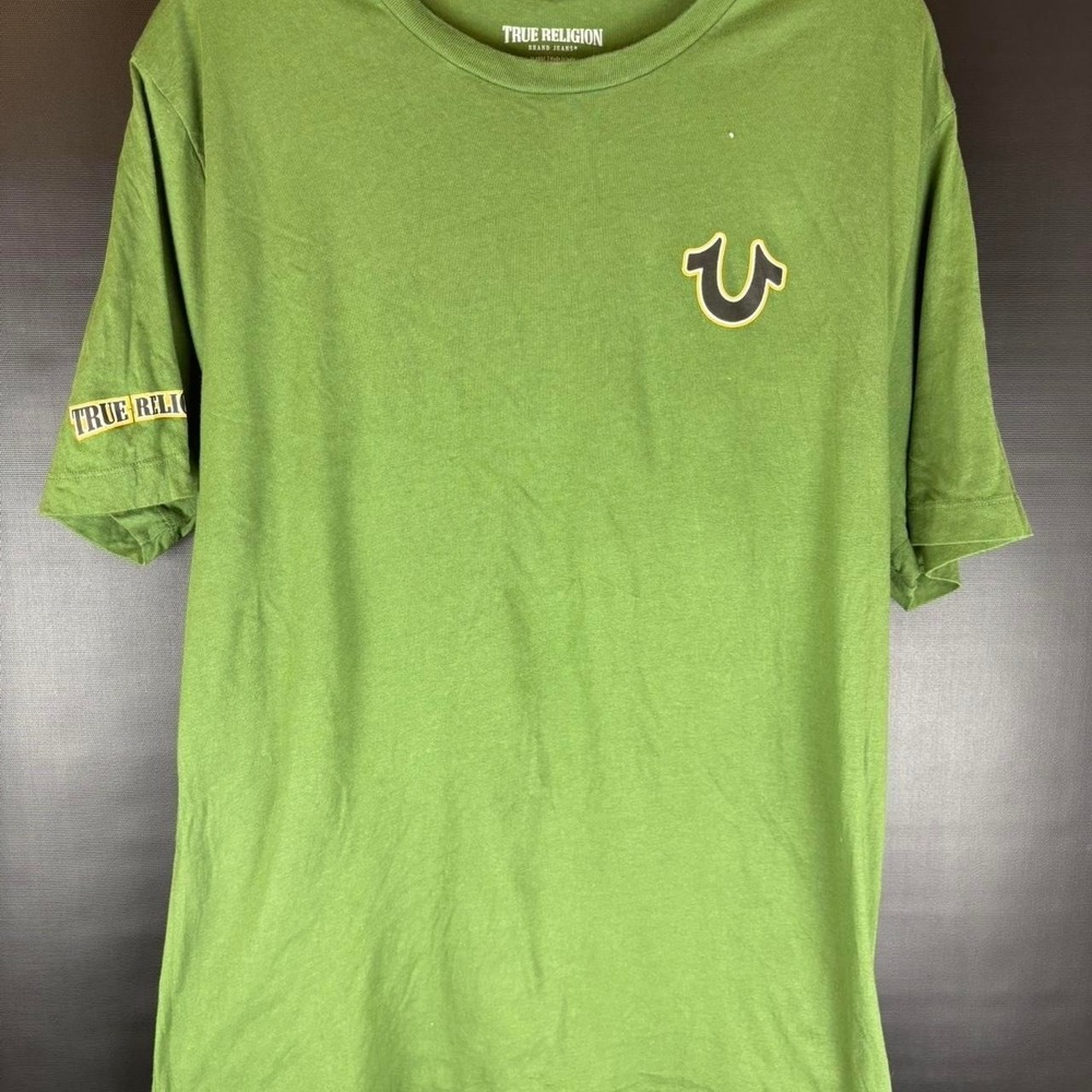 Mens True Religion green cotton t-shirt with Buddha graphic